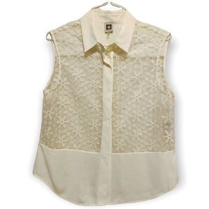 Ann Klein White Sheer Collared Sleeveless Embroidered Shell 14 (A-159)